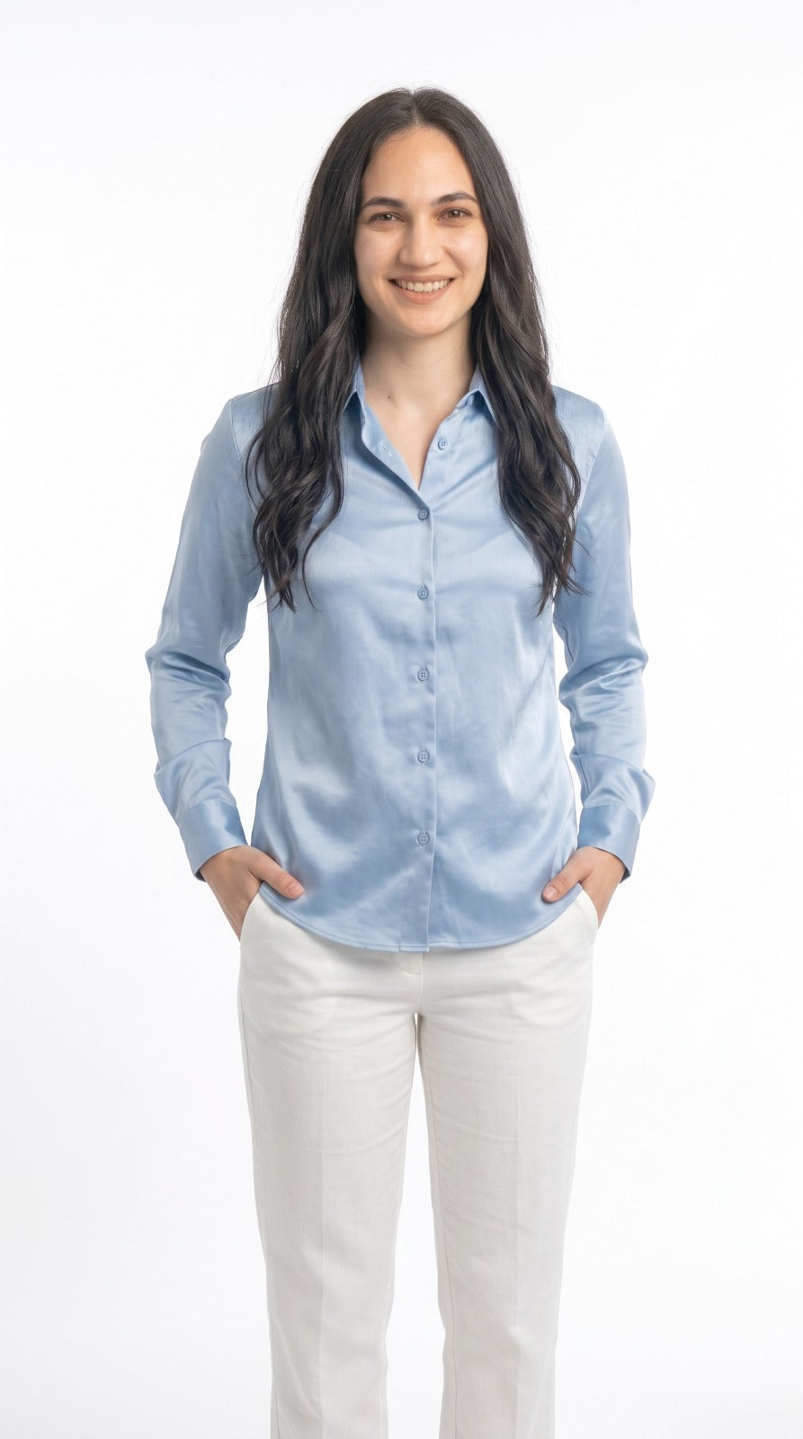 Chemise Fluide en Satin Bleu Ciel
