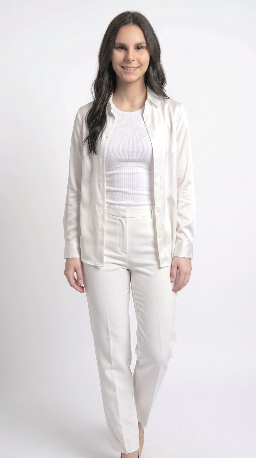 Chemise Fluide en Satin Blanc Ivoire