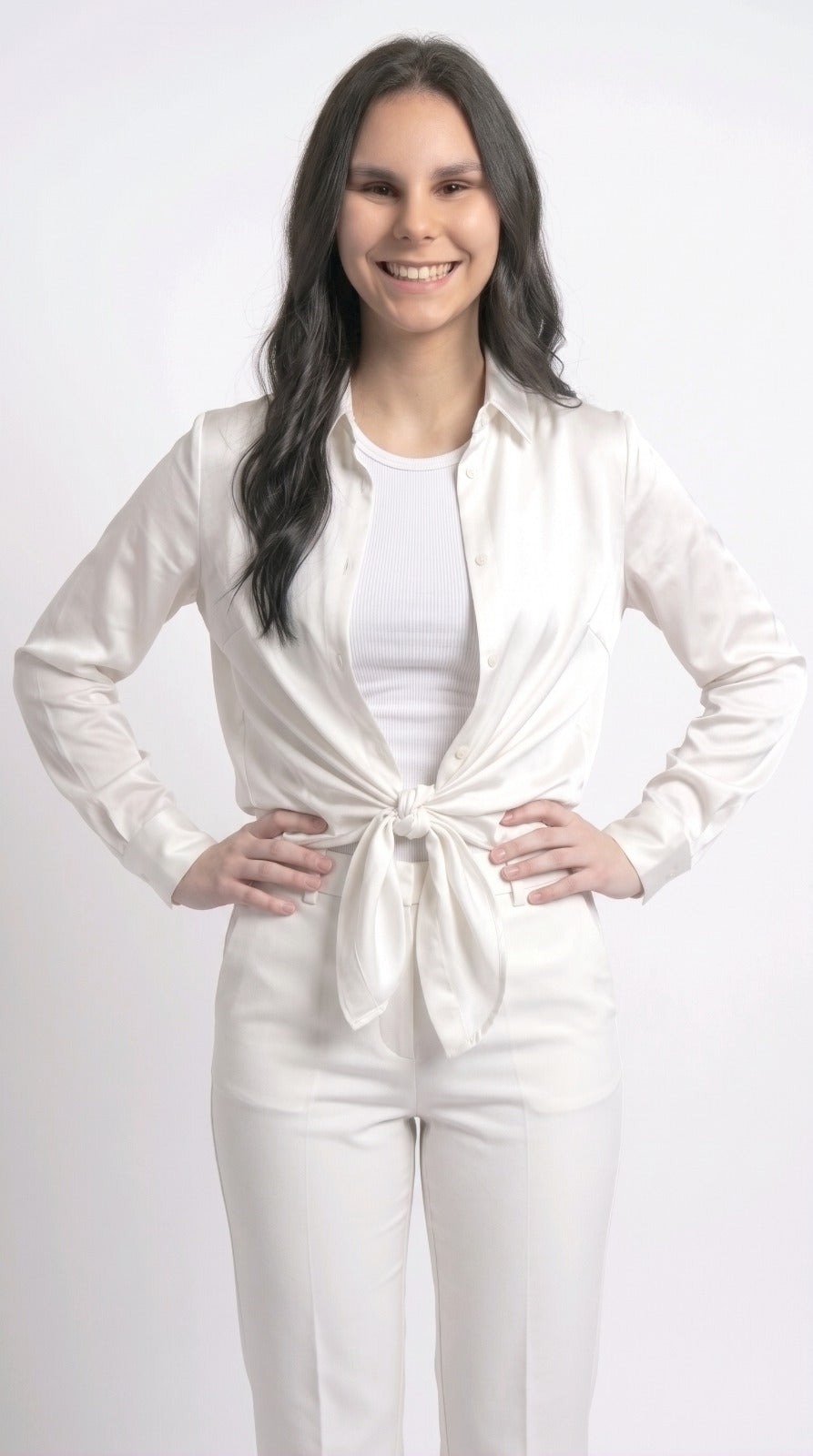 Chemise Fluide en Satin Blanc Ivoire