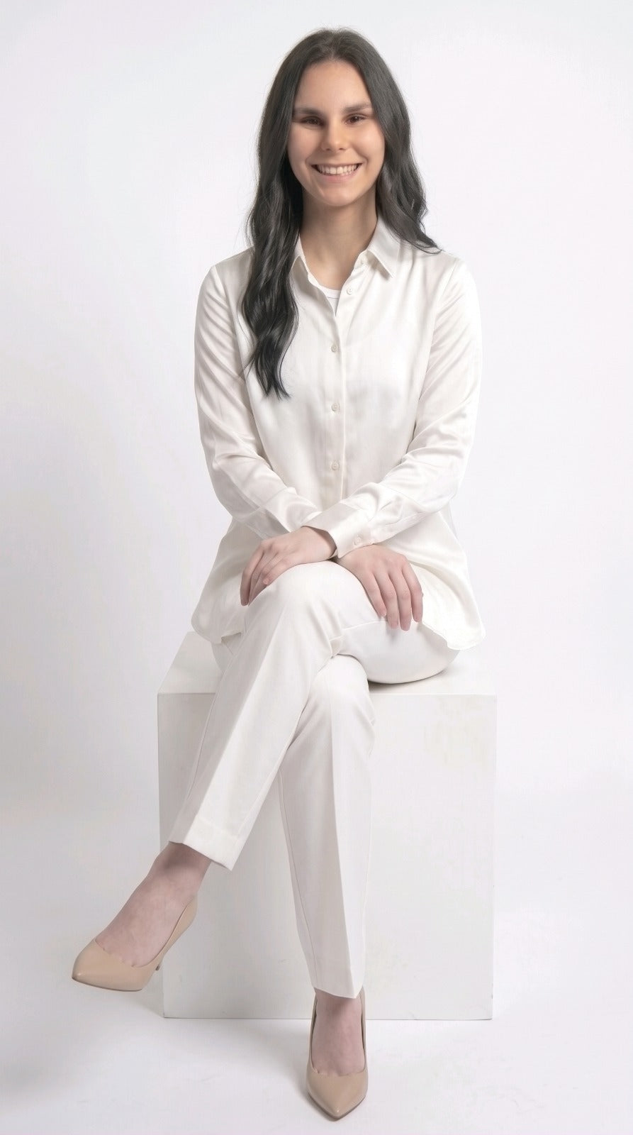Chemise Fluide en Satin Blanc Ivoire